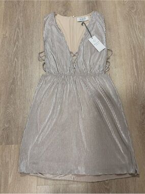 Wayf Metallic Taupe Pleated Lace-Up V-Neck Dress